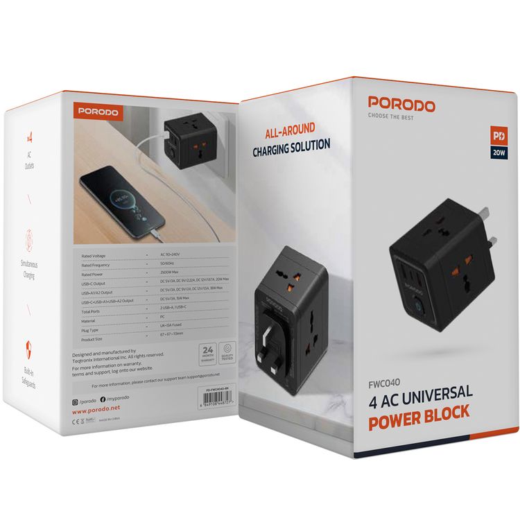 Porodo 4-AC Universal Power Block Adapter with USB-C & Dual USB-A Ports, Fast Charge, 20W Power Delivery, Built-in Safeguards, Simultaneous Charging, 2500W Rated Power - Black