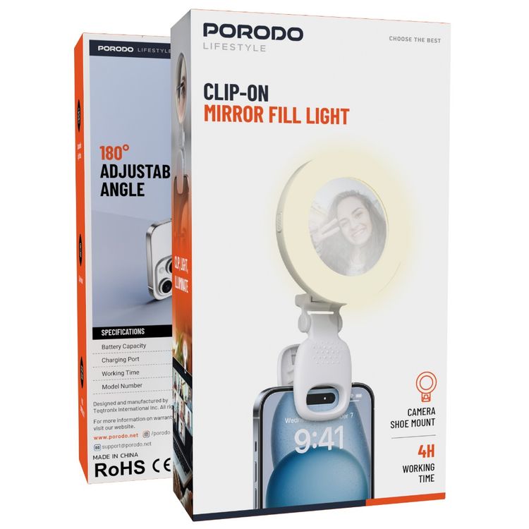 Porodo Lifestyle Clip-On Mirror Fill Light with Camera Shoe Mount, Type-C Charging Port, 200mAh Battery Capacity, Up to 4 Hours Working Time, 180° Adjustable Angle, Customizable Light Modes - White