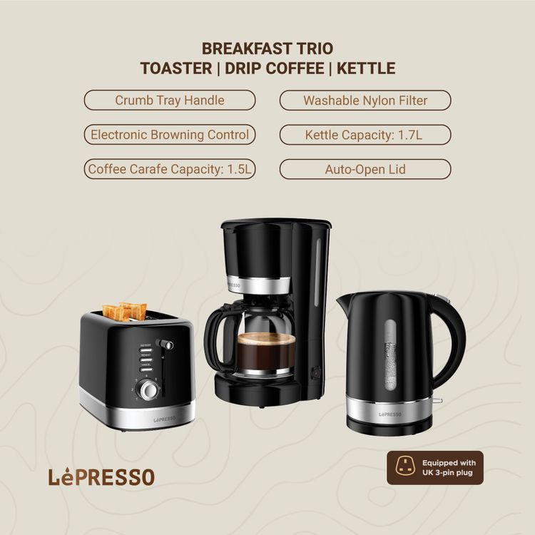 LePresso Breakfast Set Toaster, Kettle and Drip Coffee Maker, Auto-Shut Off, Keep Warm Function, Stainless Steel Heating Element - Black 