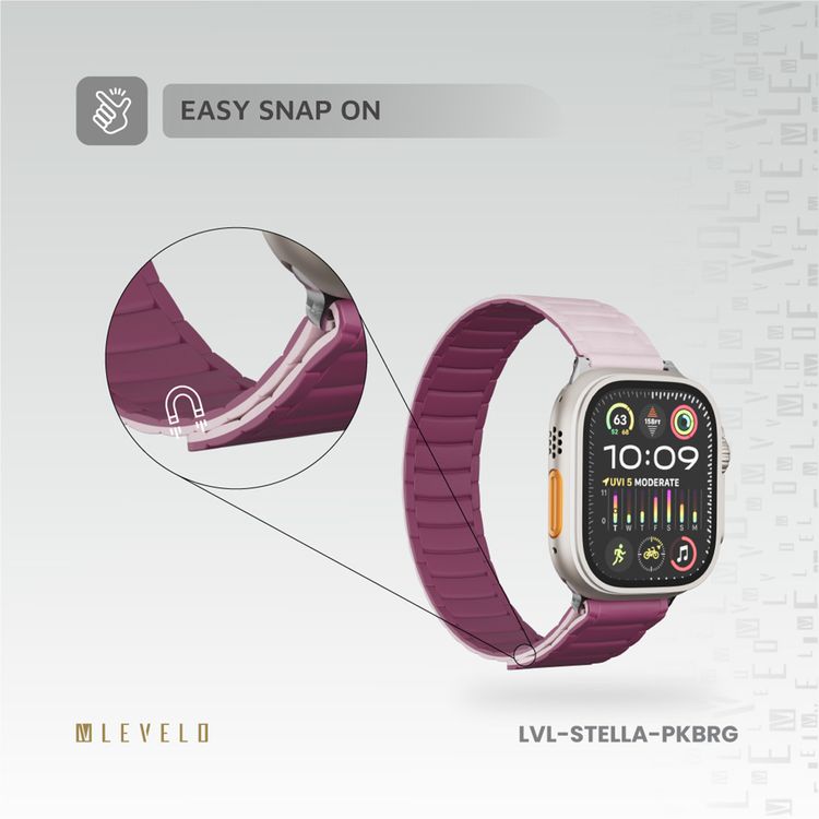 Levelo Stella Silicone Watch Strap with Magnets, Compatible with 49/46mm Smartwatches & Apple Watch SE, Series 9, 8, 7, 6, 5, Dual-Color Wearable, Hypoallergenic Material, Easy Snap-On, Sweat-Resistant, Water-Resistant - Pink / Burgundy