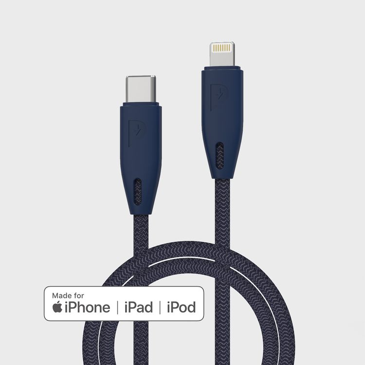 Powerology USB-C to Lightning Braided Cable with 2m Length, Fast Charging & Data Sync, Overheat & Overcurrent Protection, MFI Device Compatible, Fire-Resistant PVC Material - Blue