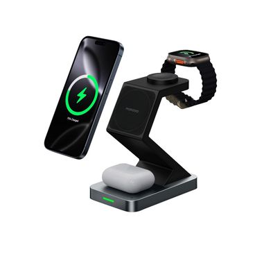 Porodo 4-in-1 PowerDock Wireless Charging Station with Adjustable Night Lamp, 360° Adjustable Viewing, Phone, Watch & Earbuds Outputs, One-Touch Light Control, Smart Charging Protection - Black