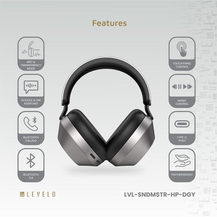 Levelo SoundMaster Hybrid ANC Headphones With Smart Touch Panel, Featherweight, Transparency Mode, Google & Siri Assistant, Music Control - Dark Gray