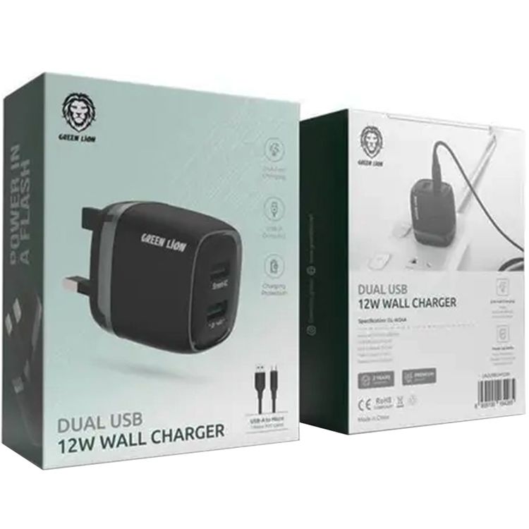 Green Lion Dual Port Wall Charger with USB-A to Micro Cable Type, 1m Cable Length, 3-Pin UK Plug, 12W Power, 2.4A Fast Charging, ×2 USB-A Ports, Charging Protection, Multi-Device Charging, Portable Design - Black