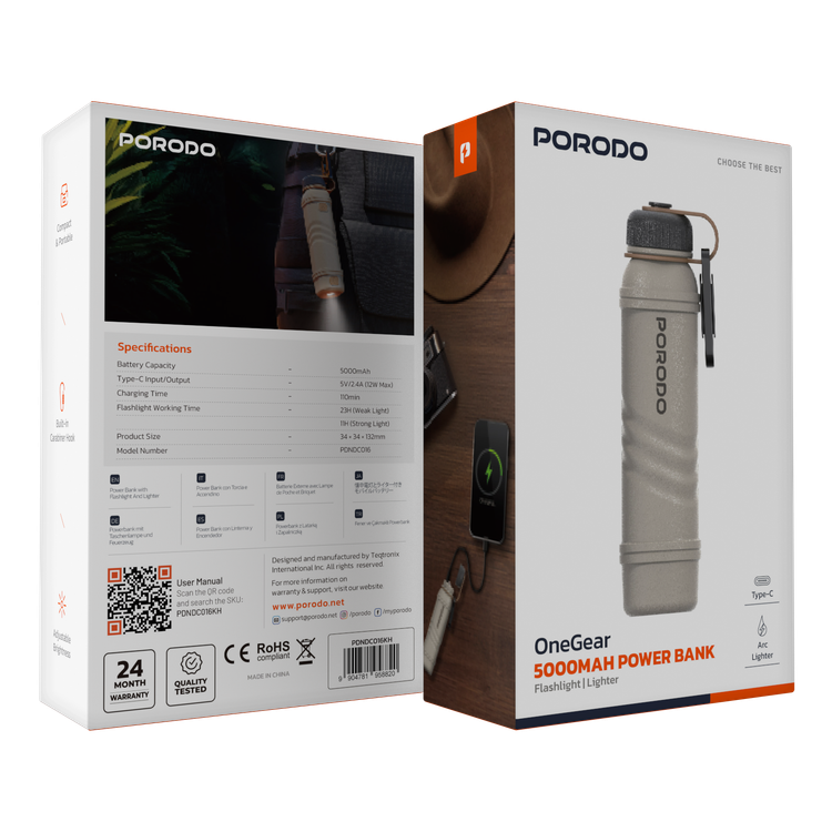 Porodo One Gear 5000mAh Power Bank with Flashlight, 110 Minutes Charging Time, 23 Hours Flashlight Working Time, Arc Lighter, Built-in Carabiner Hook, Adjustable Brightness - Khaki