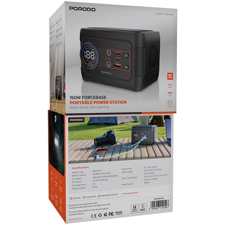 محطة الطاقة المحمولة Porodo Forcebase مع إضاءة LED متعددة الأنماط، طاقة تيار متردد قوية بقوة 150 واط، سعة بطارية 76.96 واط ساعة، منافذ إخراج متعددة، شاشة رقمية LED - باللون الأسود.