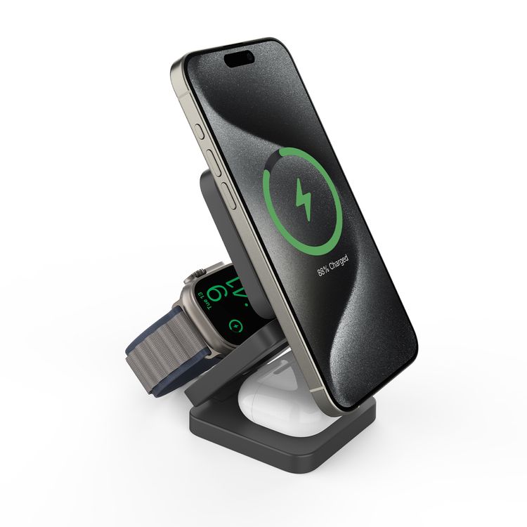 Porodo 3in1 Magsafe Wireless Foldable Fast Charger, Foldable Design, High Quality Materials, Compact & Portable - Black