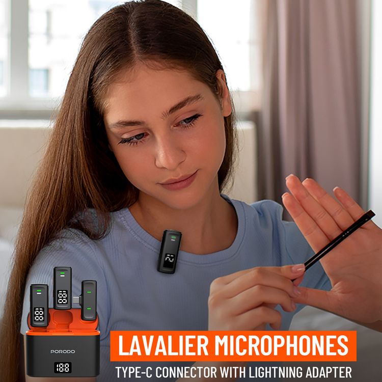  Porodo Wireless Collar Double Microphone with Charging Case, Up to 24 Hours Working Time, 20ms Latency, 2.4GHz Digital Microphone Frequency, 600mAh Case Battery Capacity, Type-C Connector with Lightning Adapter, Digital Display, Low Latency, Crystal Clear Audio, Plug & Play - Black