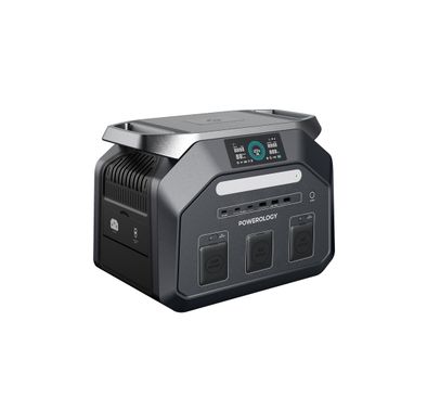 Powerology 1800W Portable Power Station with Flashlight, PD 100W, Carry-Handle, Solar Charger, 1.2 Hours Fast Charging Time, ×3 USB-C, ×3 USB-A, Car Socket, ×2 AC Outlet & DC Ports, Easy-Access Storage, Smart LCD Screen - Black