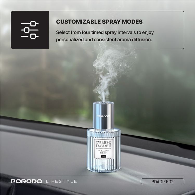 Porodo Grasse Smart Aroma Diffuser with Ambient RGB Light, 120mL Bottle Capacity, 200mAh Battery Capacity, Type-C Charging Port, 4 Spray Modes - Sky Blue