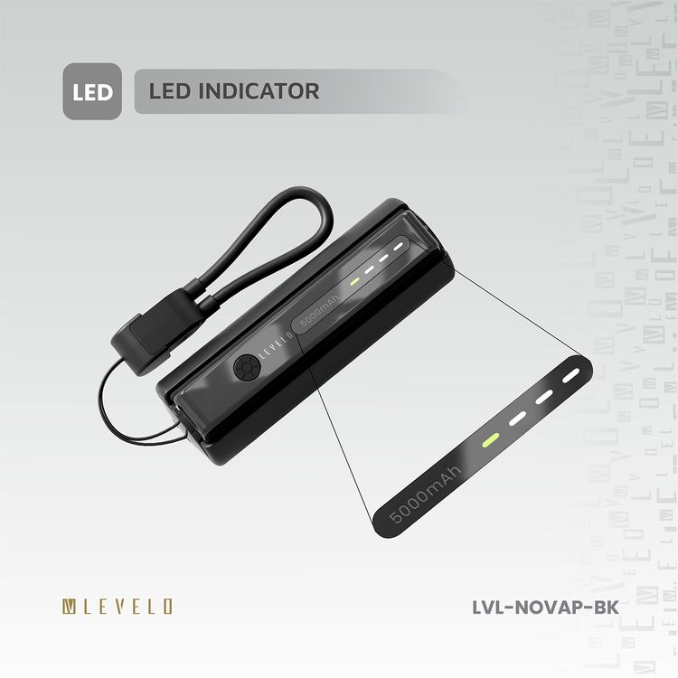 Levelo Nova Pro 5000mAh Power Bank with Flashlight, ABS & PC Material, USB-C Input & Output, Fast Charge Support, LED Indicator, Portable Design- Black