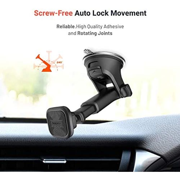 Porodo Aluminum Magnetic Car Mount ( Extendable up to 15cm / Suction Base / 360 Rotate ) Compatible for All Mobile Phone Devices, Metal Grip, Strong Magnet Phone Holder, Easy