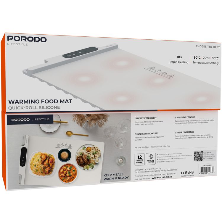 Porodo Warming Food Mat with User Friendly Controls, Consistent Meal Quality, Foldable and Portable, Extended Warmth Retention, XL Space Capacity, Rapid Heating Technology - White