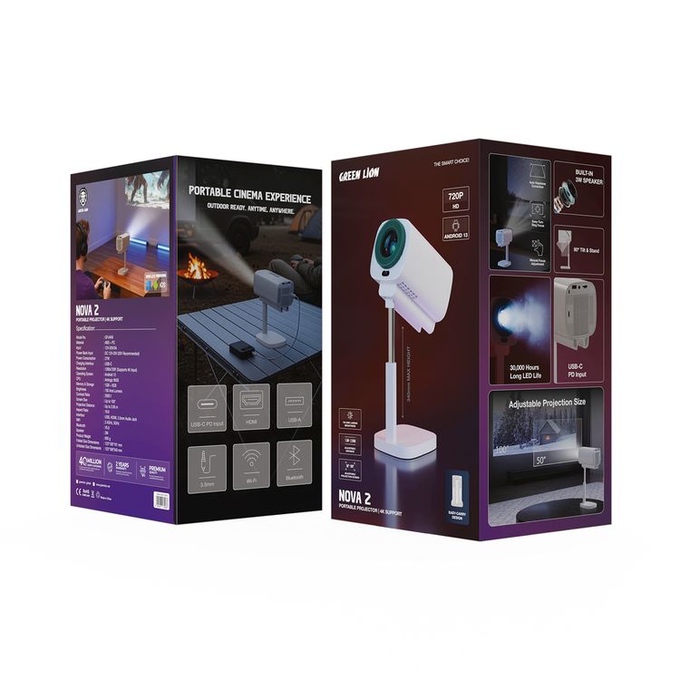 Green Lion Nova 2 Portable Projector with Built-in 3W Speaker, 150 Ansi Lumens Brightness, 1.5m-2.95m Adjustable Distance, Android 13, Easy-Carry Design, 50"-100" Adjustable Projection Screen, Bluetooth Version 5.0, Easy-Turn Ring Focus, 90° Tilt & Stand,  340mm Max Height - White