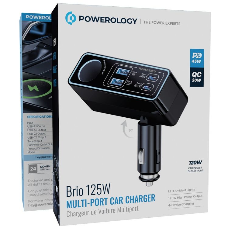Powerology Brio Multi-Port Car Charger with PD 40W, QC 30W, ×2 USB-A & ×2 USB-C Ports, 125W  Total Output, LED Ambient Lights, Simultaneous Charging - Black