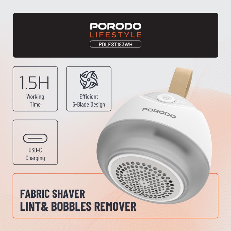 Porodo Lifestyle Fabric Shaver Lint & Bobbles Remover with Efficient 6-Blade Design, 5W Rated Power, 600mAh Battery Capacity, 1.5 Hours Working Time, USB-C Charging Interface, 7200RPM Motor Speed, 50mL Lint Bin Capacity - White