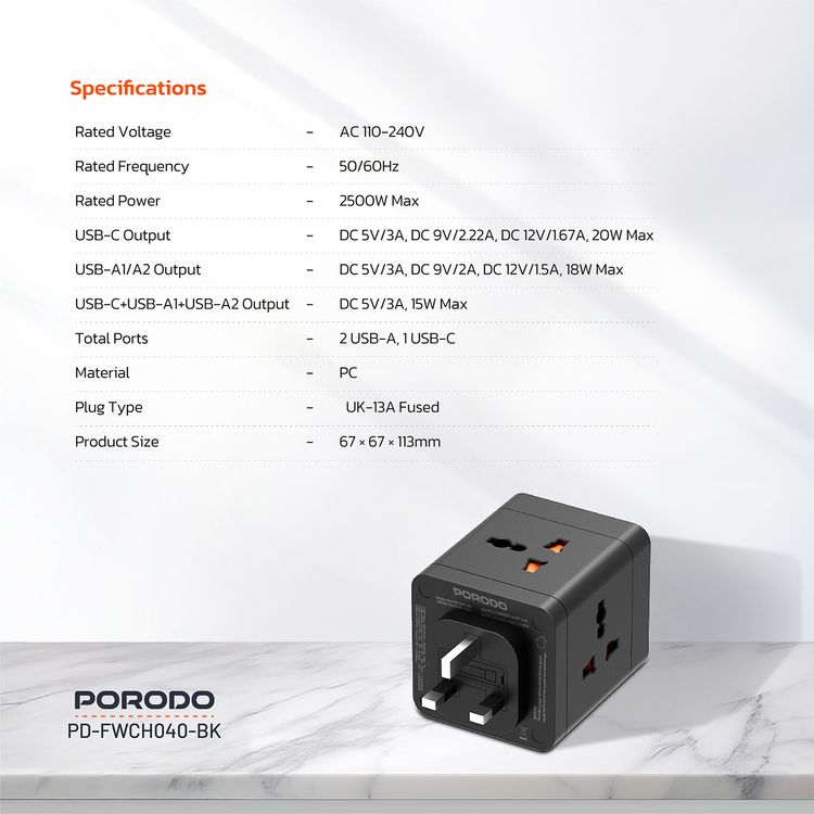 Porodo 4-AC Universal Power Block Adapter with USB-C & Dual USB-A Ports, Fast Charge, 20W Power Delivery, Built-in Safeguards, Simultaneous Charging, 2500W Rated Power - Black