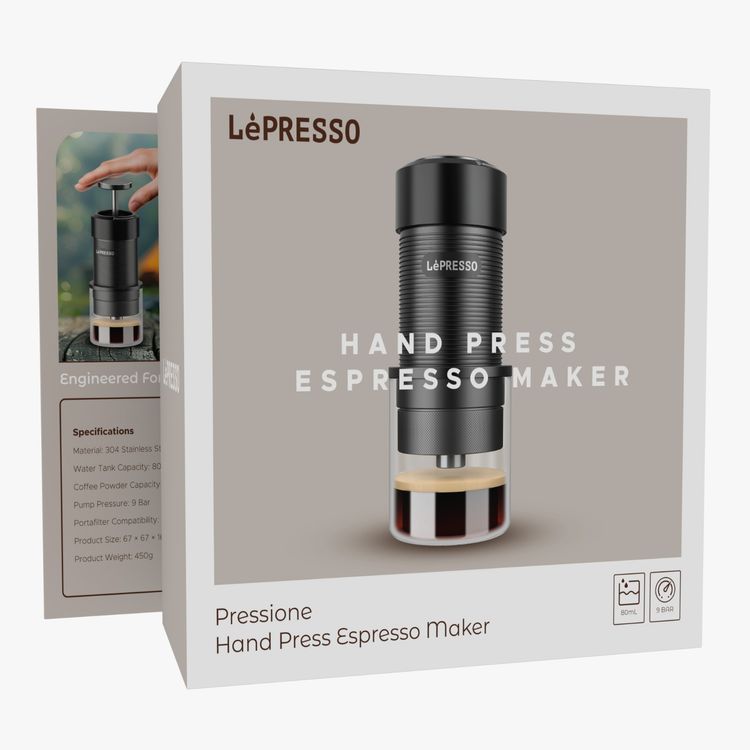 LePresso Professional Hand-Press Espresso Maker with 9 Bar Pump Pressure, Standard 51mm Portafilter, 80mL Water Tank Capacity, 15-18g Coffee Powder Capacity, 304 Stainless Steel & Aluminum Alloy Materials, Travel-Friendly Design, 2 Cups of Espresso - Black