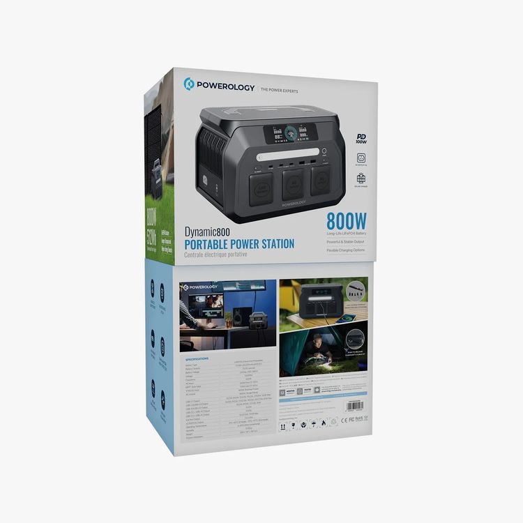 Powerology 800W Portable Power Station with Flashlight, PD 100W, Carryin-Handle, Solar Charger, 1.2 Hours Fast Charging Time, ×3 USB-C, ×2 USB-A, Car Port, ×2 AC Outlet & DC Ports, Easy-Access Storage, Smart LCD Screen - Black
