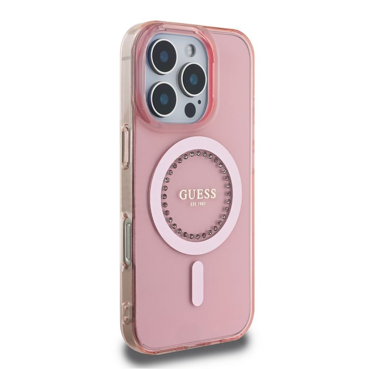 غطاء GUESS MagSafe IML بتصميم بحجارة الراين لهاتف آيفون 16 برو، تركيب سهل، حماية من السقوط، نحيف - وردي