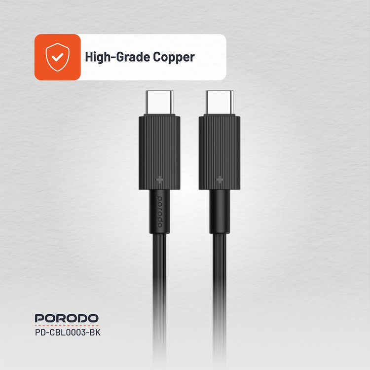 Porodo USB-C to USB C PVC Cable, 480Mbps Transfer Speed, 60W Power Delivery, more than 15000 Bends Life Span, 1.2m Cable Length, Tangle Free - Black