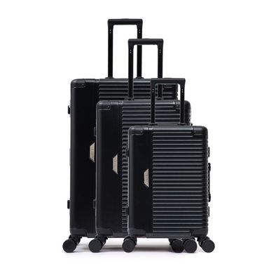 Levelo Aluminum & PC Luggage Set with Reinforced Lock Latch, 4 Double Wheels, Up to 80kg Weight Bearing, 20", 24" & 28" Luggage Sizes, Impact-Resistant Corners, 360° Wheel Rotation - Black