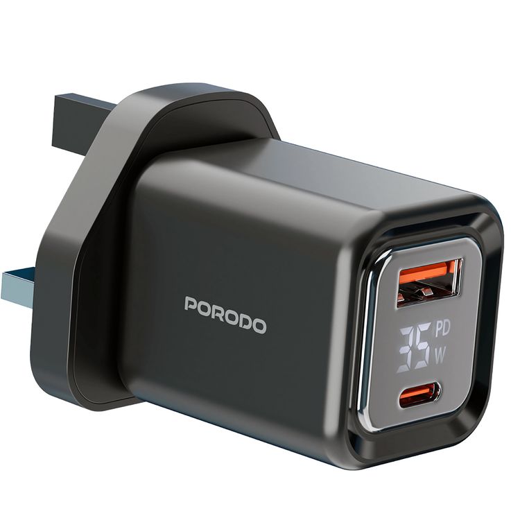 Porodo Dual-Port Quick Wall Charger with Type-C to Type-C Included, 35W Power Delivery, Built-in Safeguards, Digital Display, 0.8A Maximum Rated Current, GaN Technology - Black