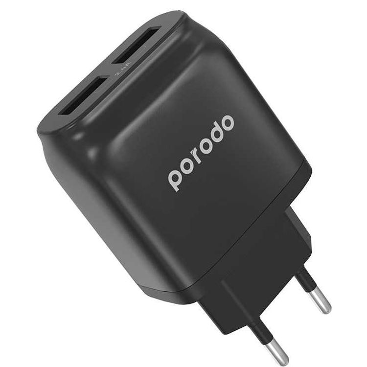 Porodo Dual Port EU Wall Charger with USB-A to Micro USB Cable, Fast Charging & Auto ID Support, 2.4A USB-A Current, Fireproof Material, Overheat Protection, Protective Safeguard - Black