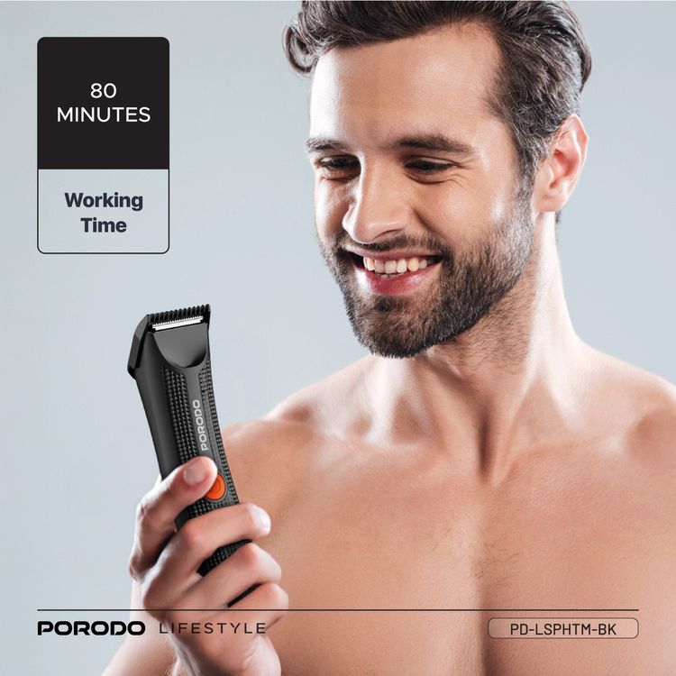 Porodo Lifestyle Sensitive Parts Hair Trimmer, 3.7V 600mAh Battery Capacity, 80 Minutes Working Time, 90 Minutes Charging Time, Ergonomic no-Slip Handle, IPX5 Water-Resistant - Black