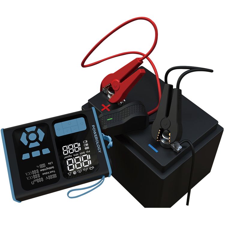 Powerology All-In-One Car Emergency Solution with Jump Starter, Air Inflator, OBD II Car Fault Diagnosis Toll, Smart Inflation System, 0.01-Bar Precision, Universal Device Charging, Digital Pressure Display, Large Battery Capacity, Multi-Vehicle Ready - Black/Blue