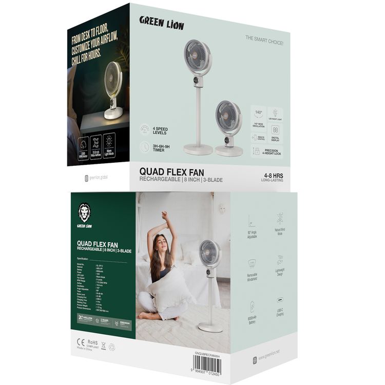 Green Lion Quad Flex Fan with Precision 4-Height Lock, Digital Display, Removable Windshield, Lightweight Design, Natural Wind Mode, Remote Control, LED Night Light, 4-8 Hours Working Time - White 