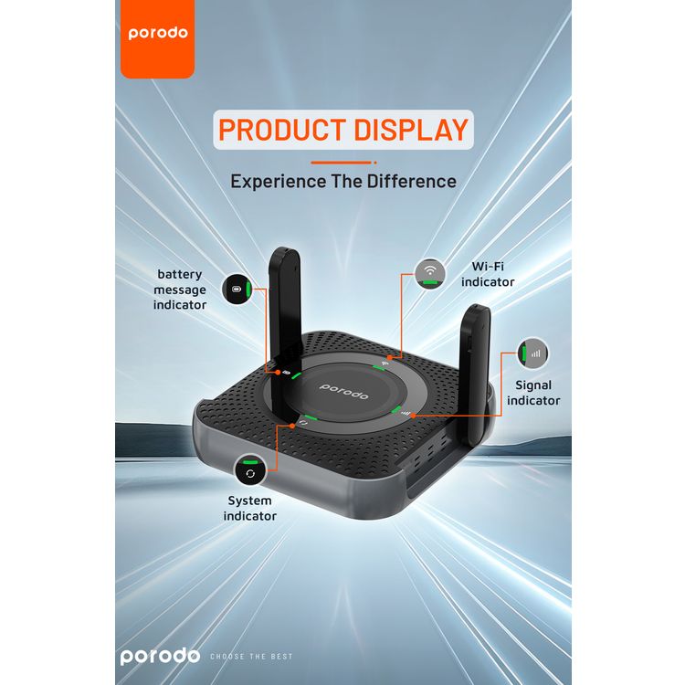 Porodo Home & Outdoor Portable Router 4G & LTE, 40m Signal Distance, 12 Hours Working Time, Up-to 10 Devices Connection Ability, 100Mbps LAN, Built-in Battery, Micro SIM, CPE & MiFi, CAT4 Category, 150Mbps Download Rates & 50Mbps Upload Rates - Black / Gray