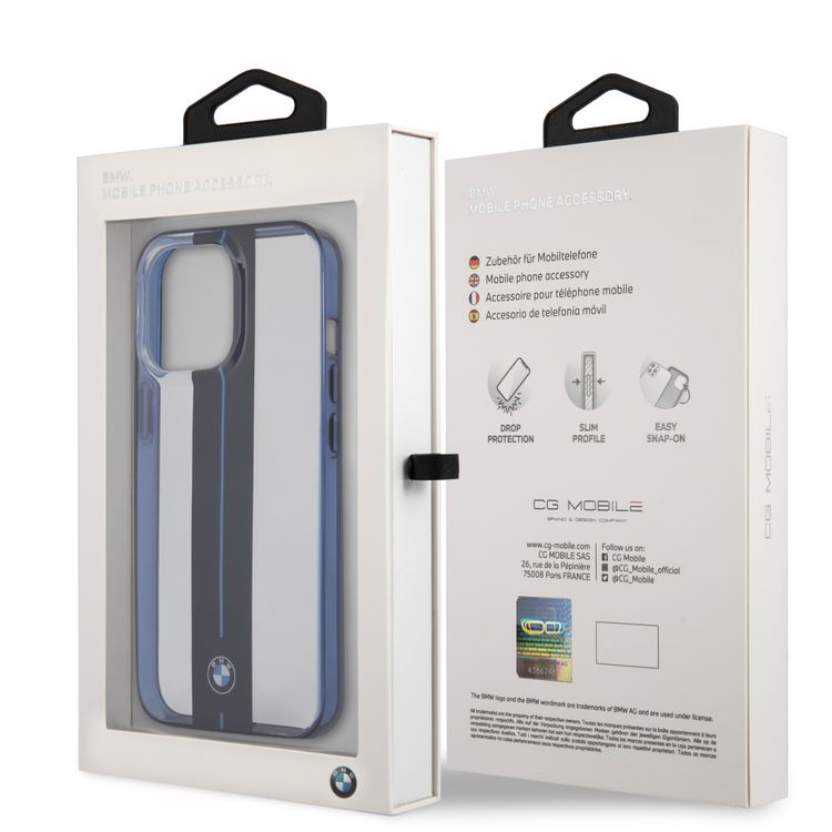 CG MOBILE BMW PC Transparent Hard Case with Navy Middle Stripe & Light Blue Line with Navy Edges Compatible for iPhone 13 Pro Max (6.7")