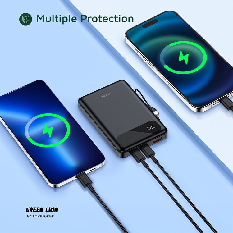 Green Lion Toledo 10000mAh Power Bank with 20W PD Fast Charging, USB-C to USB-C Cable Strap, USB-A & USB-C Outputs, Flight Approved, Digital Display, Fast Charging - Black