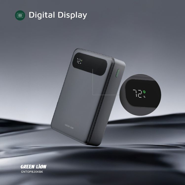 باور بانك جرين ليون توليدو بقوة 10000 مللي أمبير PD 20W مع حزام كابل من USB-C إلى USB-C، ومخرجات USB-A وUSB-C، معتمد للطيران، بشاشة رقمية وشحن سريع - أسود