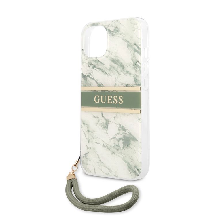 CG MOBILE Guess PC/TPU Case Marble Design & Stripe with Anti-Lost Nylon Strap for iPhone 13 (6.1") Shock Absorption & Drop Protection Suitable with Wireless Chargers Officially Licensed Green