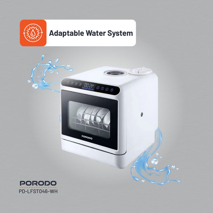 Porodo Lifestyle Counter-Top Dishwasher 220V, 5L Water Tank Capacity, 25L Space Capacity, Hot Air Drying, Hygienic Cleaning Power, UV Sterilization - White