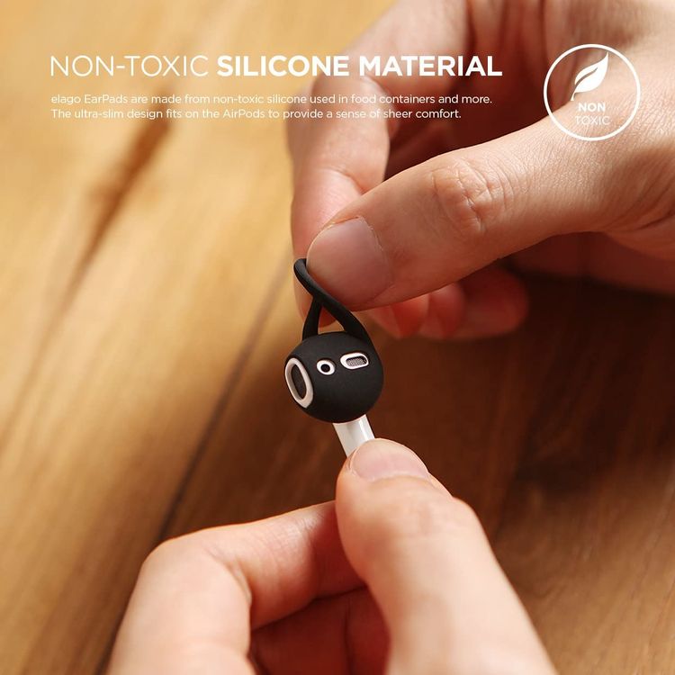 إيلاجو وسادة أذن من السيليكون لأجهزة ابل ايربودز من الجيل 1/2 ، حجمان ، سيليكون ممتاز ، تحافظ على أمانها وثباتها ، أسود