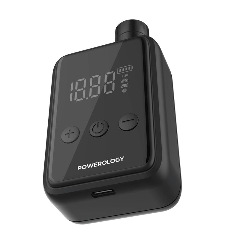 Powerology Super Compact Tire Inflator with 1000mAh Battery Capacity, 15L/Min Inflation Speed, Inflation Pressure 110psi, Heat Dissipation Vent, Digital Display, Type-C Charging Port - Black