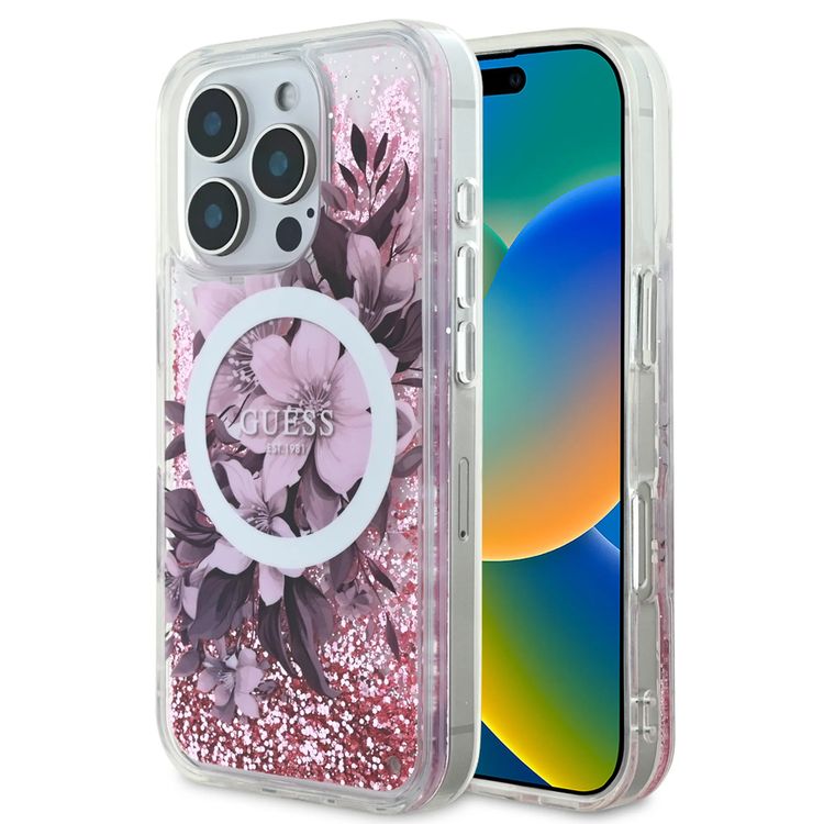 GUESS MagSafe Liquid Glitter Hard Case with Flower Design for iPhone 16 Pro Max, Drop Protection, Accurate Cutouts, Shock-Absorption, Slim Profile - Pink