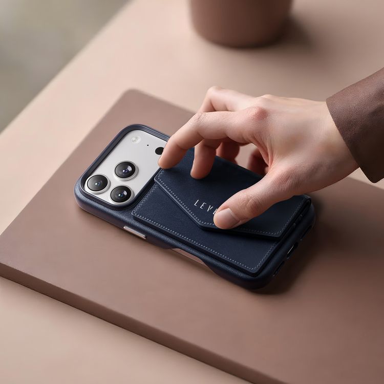 Levelo Vertex PU Leather Wallet Case for iPhone 17 Pro Max, Shock-Resistant Bumper, Raised Bezels for Camera & Screen, MagSafe Compatible, Drop-Tested, Full-Wrap Leather Build, Detachable Magnetic Wallet - Dark Blue