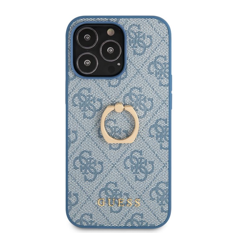 CG MOBILE Guess PU Leather 4G Case with 360° Rotating Ring Grip Holder Stand Compatible for iPhone 13 Pro Max (6.7") Suitable with Wireless Charging Officially Licensed - Blue