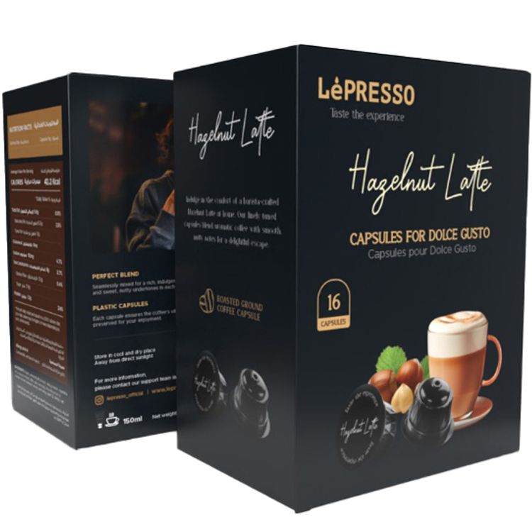 Lepresso capsule for Dolce Gusto 16pc, Hazelnut Latte, Roasted Ground Coffee Capsule, Perfect Blend, Plastic Capsules - Black 
