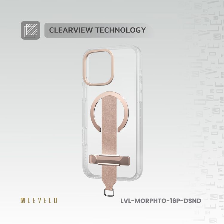 Levelo Morphix Trio Case for iPhone 16 Pro with Built-in Kickstand, Metal Camera Edge, MagSafe Compatible, Impact-Resistant Corners, Grip Strap & Metal Hook, Anti Yellowing - Desert Sand