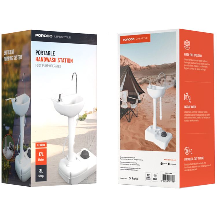 Porodo Lifestyle Portable Handwash Station, Dispenses 220mL of Water Per Pump, 17L Water Capacity, 3L Soap Capacity, Foot Pump Operated, Efficient Pumping System - White