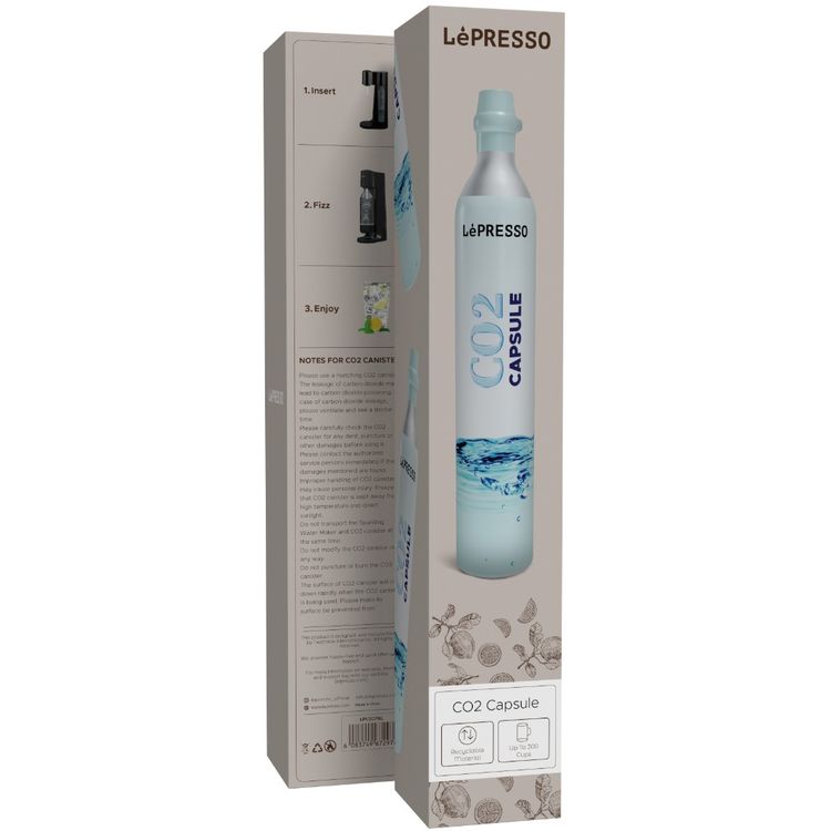 LePresso CO2 Capsule, 0.6L Capacity, Carbonates Up to 100 Cups of Beverages, Aluminum Alloy Material, Safe & Without Gas Leakage, Easy Install & Usage - Silver