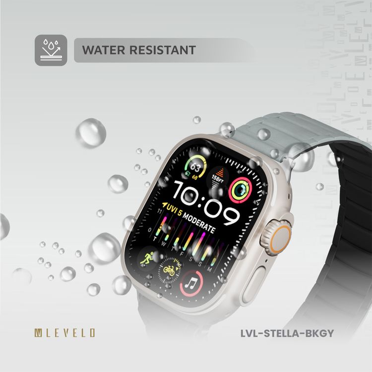 شريط ساعة Levelo Stella سيليكون مع مغناطيس، متوافق مع الساعات الذكية 49/46 ملم و Apple Watch SE، السلسلة 9، 8، 7، 6، 5، قابل للارتداء بلونين، مصنوع من مادة مضادة للحساسية، سهل التركيب، مقاوم للعرق، مقاوم للماء - أسود / رمادي.
