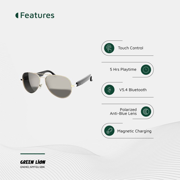 Green Lion Helsinki Smart Glasses with Touch Control, UV400 Protection, Built-in Microphone, Remote Camera & Voice Assistant, Polarized Anti-Blue Lenses, Up to 5 Hours Play Time, 1.5-Hour Magnetic Charging Time, 10m Transmission Distance - Black