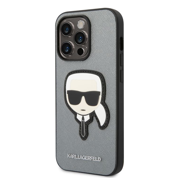 Karl Lagerfeld PU Saffiano Case with Karl Head Patch Ultra-Thin iPhone 14 Pro Max Compatibility - Silver