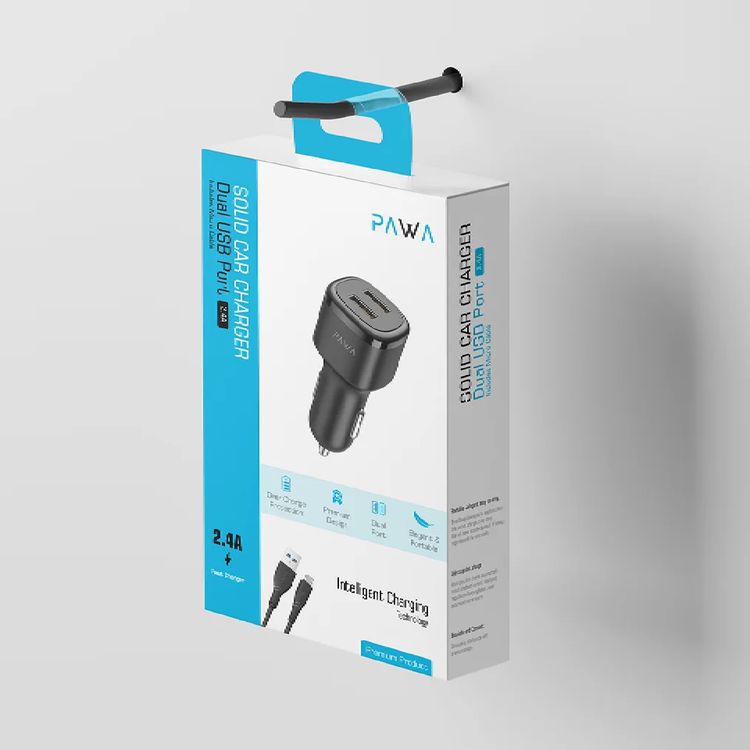 Pawa Solid Car Charger Dual USB Port 2.4A with Micro Cable - Black